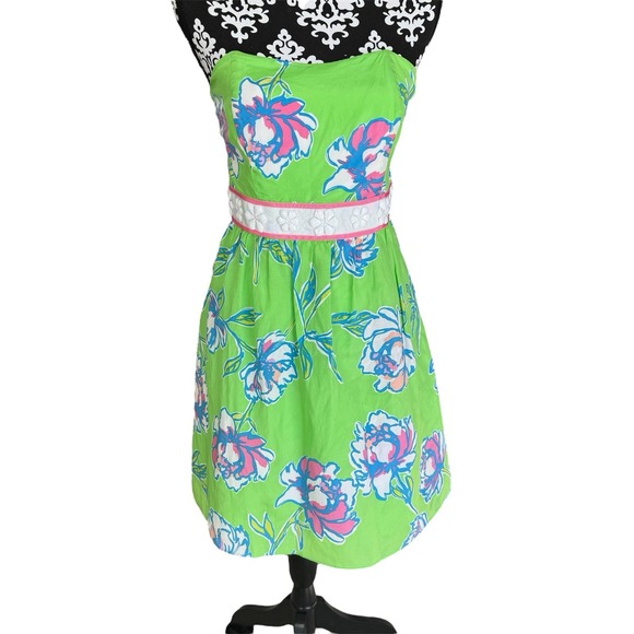 Lilly Pulitzer Size 6 Langley Strapless Beaded Floral Dress‎ Green pink Silk - Picture 3 of 12